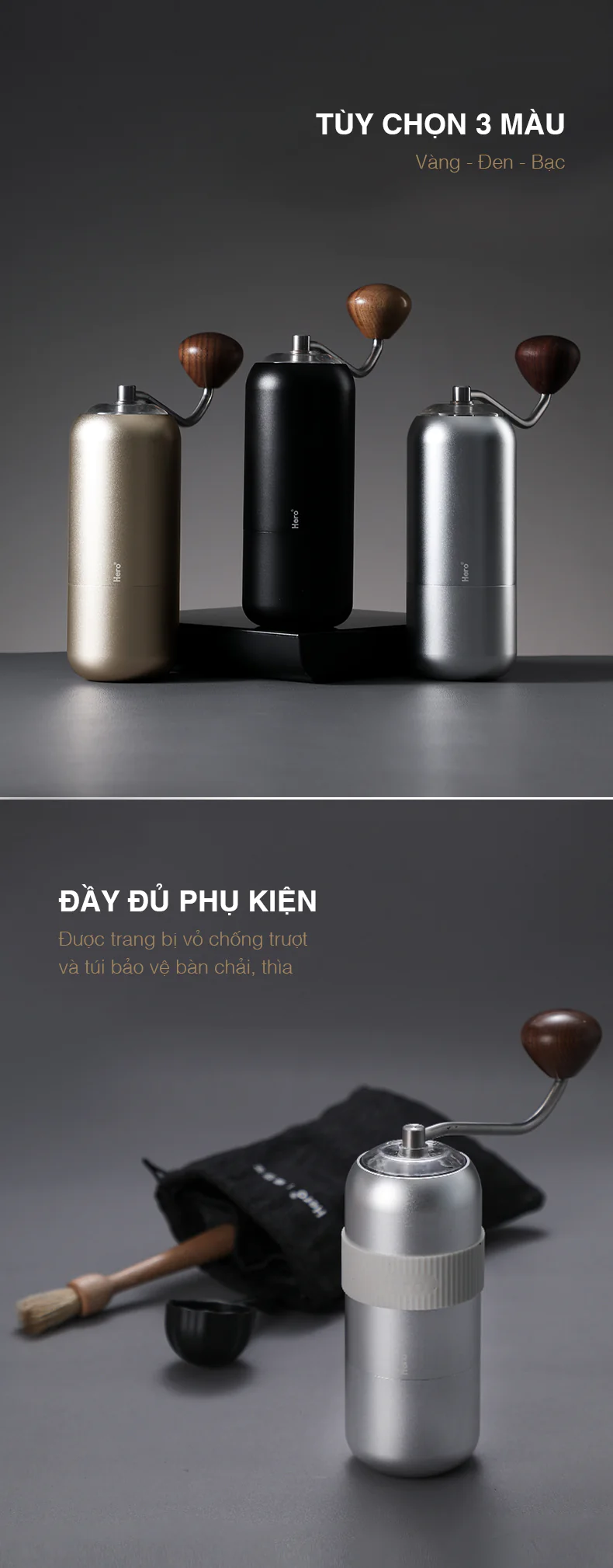 Lựa chọn màu và đầy đủ phụ kiện Cối xay cà phê hero s07